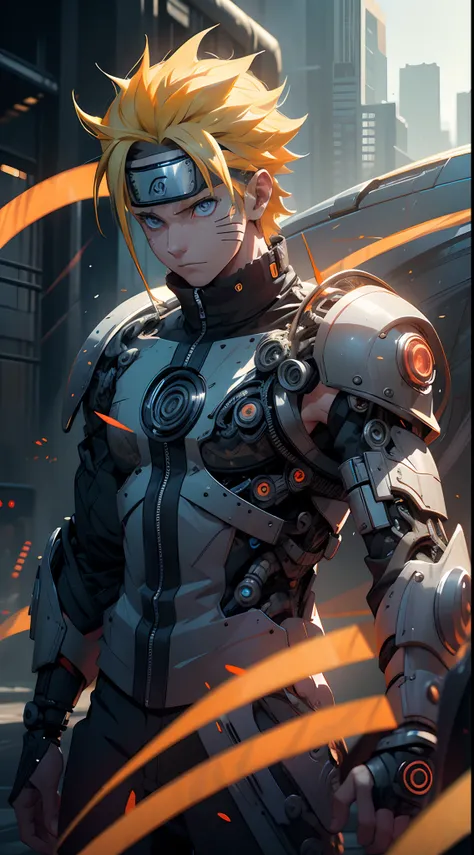 Masterpiece, Naruto cyborg mode, full mechanical body, intricate details, advanced technology, Orange lightning, detailed armor, bionic enhancements, neon lights, vivid colors,  contrasting shadows, Blue eyes, urban setting, nighttime backdrop, high contra...