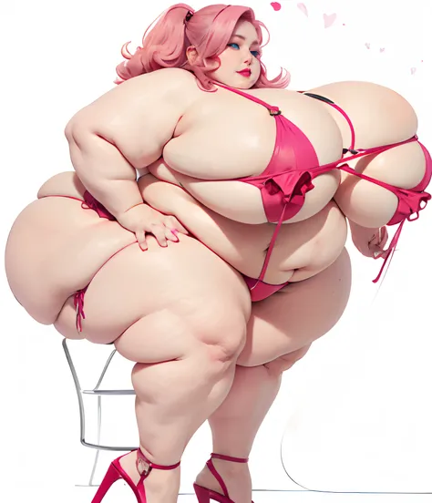 huge fat woman, pretty thin face, nice pink hair, wearing a tiny bikini and red heels, masssive boobs, masterpiece, best quality, 4K detail