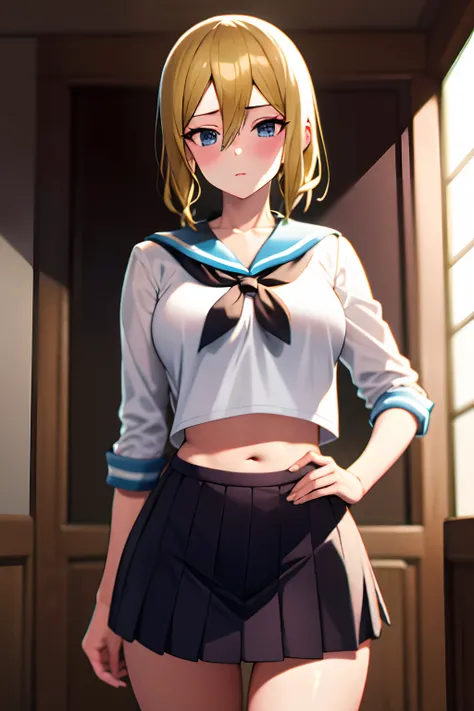 ai hayasaka, handsome girl, blonde woman, in a short sailor's shirt, in a school skirt, bellybutton, masterpiece quality