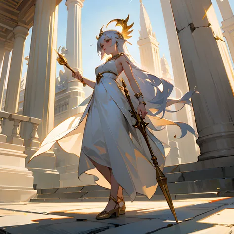 A goddess in a white dress stands in front of the temple holding a scorpion wand