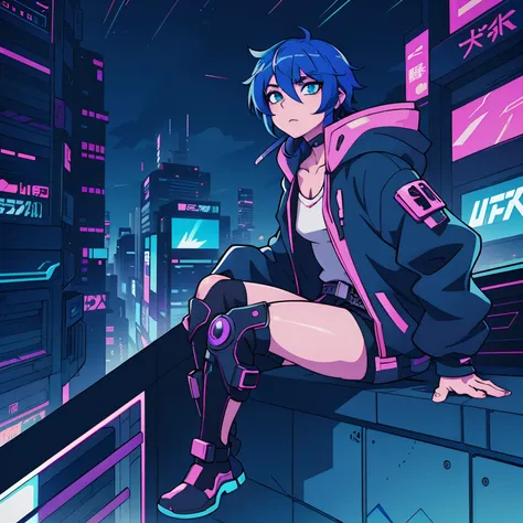 anime boy sitting on a ledge in a city at night, digital cyberpunk anime art, anime cyberpunk art, cyberpunk anime art, modern c...