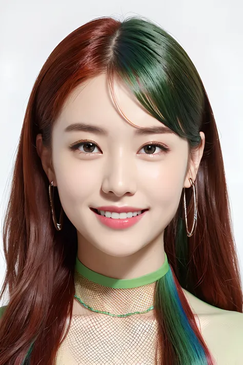 (extra detailed body、extra detailed face、best qualtiy:1.2)、femele、looking at the viewers、(Green and blue and red mesh hair color、a smile)、(Image without kaleidoscope in background）