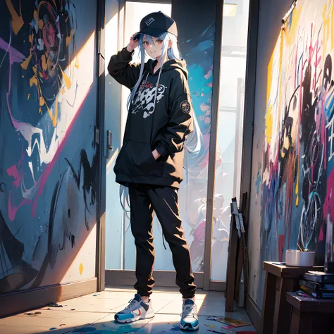 A man with long silver hair wearing sneakers is wearing a paint-stained hoodie and smiling fearlessly in front of colorful drawings and various paints splattered on the wall.He is leaning against the wall with a brush covered in paint. girl wearing a cap,a...