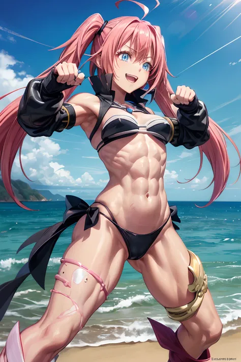 1Female, Tensei Shitara Slime Datta Ken（((Milim Nava))), Demon Lord King、Milim Navas masterpiece body、High Quality, Armor black bikini,、Accurate Milim Face, (blue eyes,、pink hair, 、two-tailed、Proud double tails、barefoot, medium feet, ultra quality rounded ...