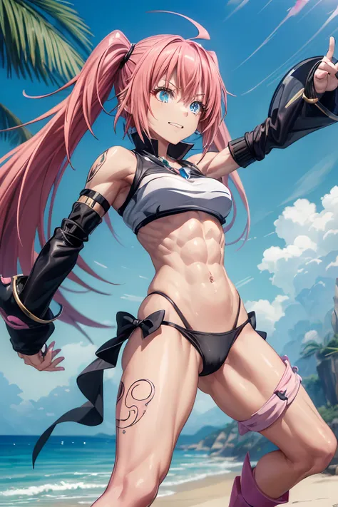 1Female, Tensei Shitara Slime Datta Ken（((Milim Nava))), Demon Lord King、Milim Navas masterpiece body、High Quality, Armor black bikini,、Accurate Milim Face, (blue eyes,、pink hair, 、two-tailed、Proud double tails、barefoot, medium feet, ultra quality rounded ...