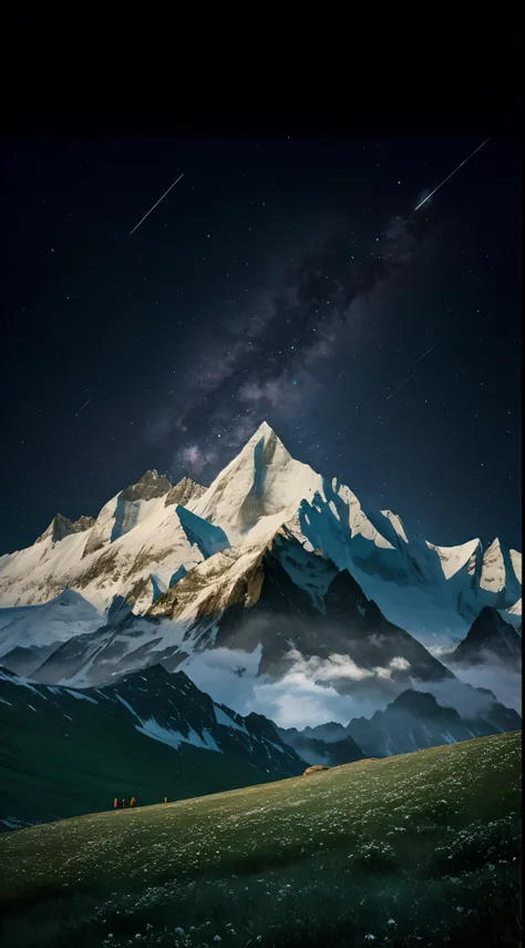 Mountains，with the sky full of stars，Grass grows in the fields, mountain scene, author：Lubin Baukin, Beeple e Tim Hildebrandt, beeple and mike winkelmann, Peaks, Himalayas, mountainous, author：Andrei Kolkoutine, mountainside, inspired by Mike Winkelmann, M...