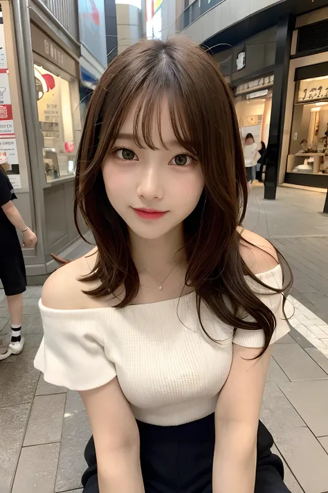 hight resolution, top-quality, Perfect dynamic composition, Beautiful detailed eyes, off shoulders、Radiant hair、Medium Hair, Natural Color Lip, college aged、Harajuku、A slight smil、Crouched figure、M-shaped legs