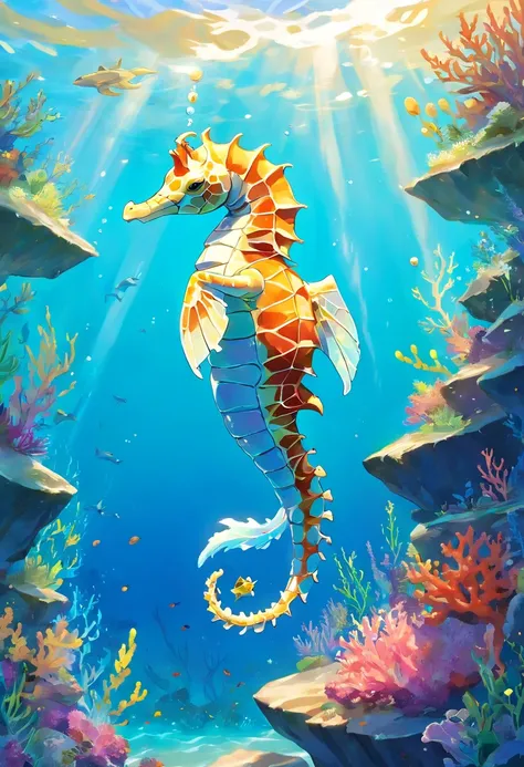 The background of the illustration is a wide and bright ocean，Sunlight shines through the crystal clear waters，Tint the surface of the sea a warm, bright blue。There is a beautiful area of coral reefs in the sea，Corals are colorful and diverse，Emite um bril...