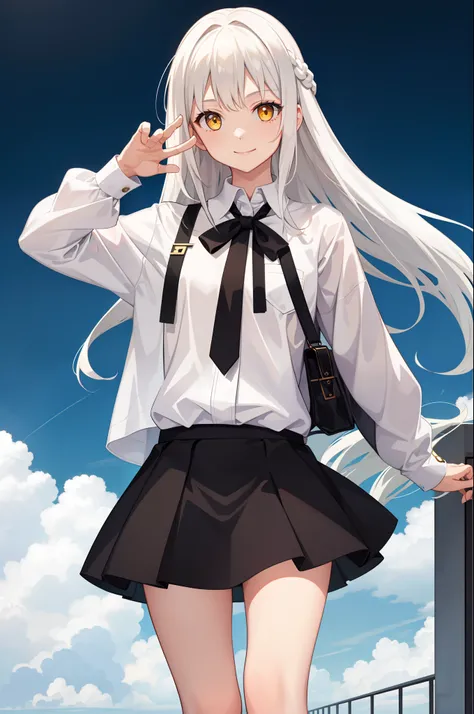 1 girl, smile, shirt, skirt, (small) chiralism, white long hair , yellow eyes