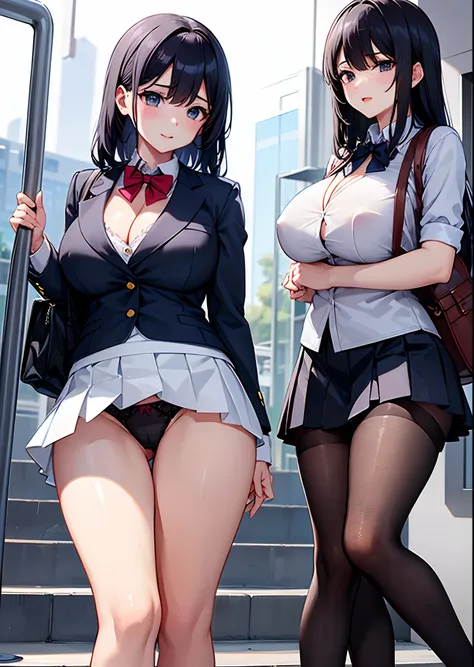 View from below、​master piece,fulcolor,3女の子, train station stairs, School uniform,((Perfect erotic panties)), ((Showing panties)),beautiful thigh、low angles:1.4、Multiple girls in blazers, pleatedskirt, Large crowds, Walking,, masutepiece, Best Quality, Hig...