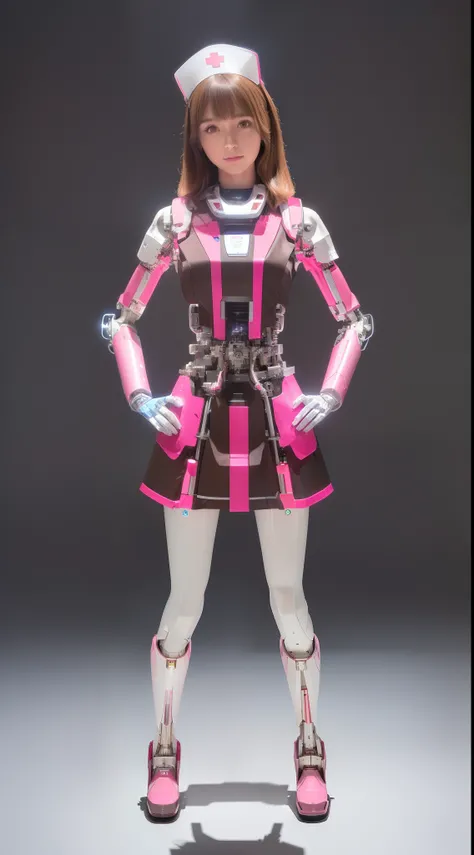 ((masterpiece)), ((top-quality), High quality, ultra-definition, Realistic, full color, One beautiful nurse robot girl, Joints of machines, Frame of the machine, Thick wire joints, Pink nurse Dress Machine Armor, Brown straight hair, Wide Shot,((Electronic...