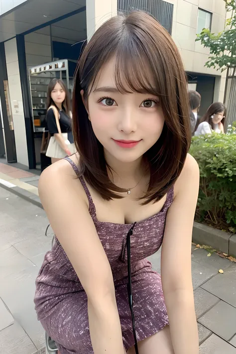 hight resolution, top-quality, Perfect dynamic composition, Beautiful detailed eyes, off shoulders、Radiant hair、Medium Hair, Natural Color Lip, college aged、Harajuku、A slight smil、Crouched figure、M-shaped legs