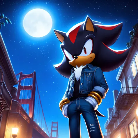 shadow the hedgehog wearing Denim Jacket and Denim pants