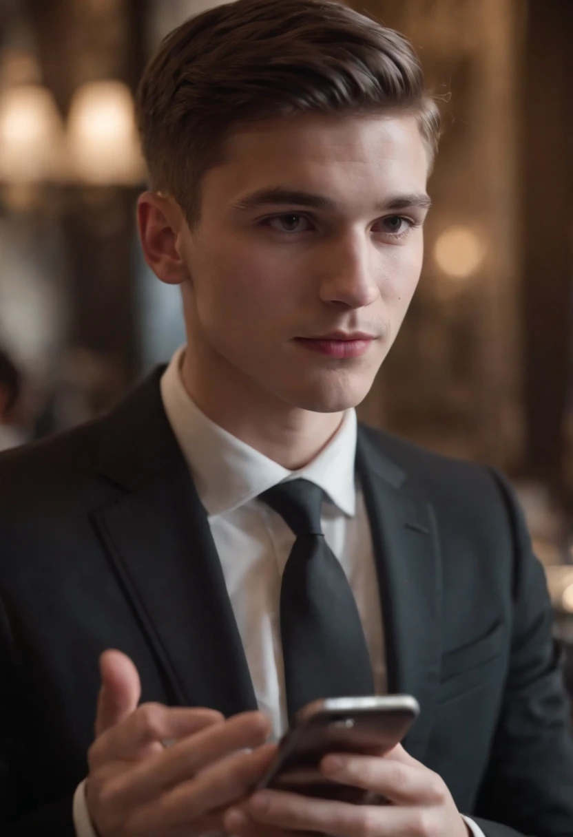 20 yrs old boy,black suit, talking with iphone, at restaurants