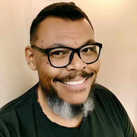 guttojugg1,Portrait photo of a muscular, bearded guy with glasses, with a discreet and friendly smile in a black t-shirt, intricate details, a skull print on the t-shirt, with a torn edge, creating a stylish and sharp focus. The photo uses soft lighting wi...