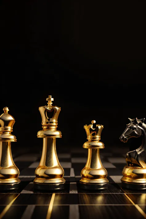 I want 5 images of chess pieces in gold color and black color in a dark setting