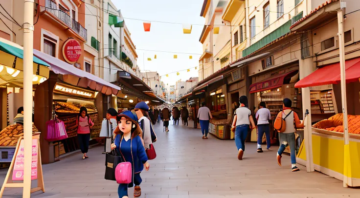 People walking along a sidewalk in a commercial area with shops, muitas lojas, mercado, Mercado de rua, Rua do Mercado, pessoas fazendo compras, movimentado com pessoas, Mercado movimentado, Rua do Mercado Molhado, Central Mexico, bancas de mercado, lugar ...