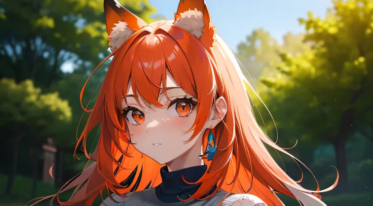 (Masterpiece, Best Quality, extra high resolution, a gorgeous),1girl,Casual outfit,in park,red head, Fox ears,Beautiful and detailed face, A detailed eye,((gray in color,Orange & blue theme))