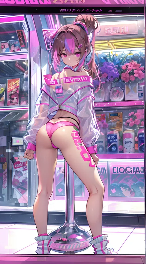 anime girl in a pink outfit posing on a stool in front of a store, trending on cgstation, trending on artstation pixiv, popular on pixiv, at pixiv, guweiz on pixiv artstation, digital art on pixiv, digital cyberpunk anime art, seductive anime girl, cyberpu...