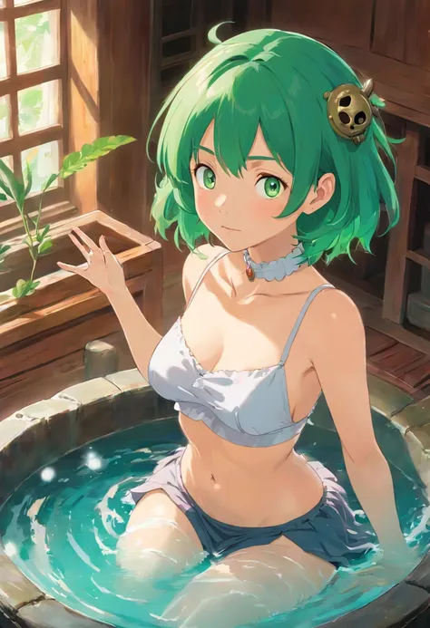 masterpiece, best quality:1.2), solo, 1girl, odelschwanck,  seductive expression, looking at viewer, right hand over her chest, left hand reaching out to viewer, green hair, skull, torn clothes, underboob, skirt, skin texture, extremely detailed image, eme...