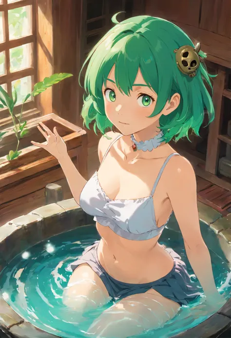 masterpiece, best quality:1.2), solo, 1girl, odelschwanck,  seductive expression, looking at viewer, right hand over her chest, left hand reaching out to viewer, green hair, skull, torn clothes, underboob, skirt, skin texture, extremely detailed image, eme...