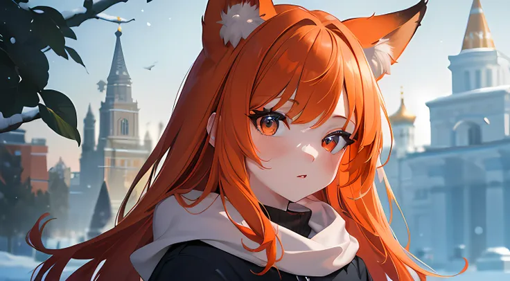 (Masterpiece, Best Quality, extra high resolution, a gorgeous),1girl,Casual outfit,in park,red head, Fox ears,Beautiful and detailed face, A detailed eye,((gray in color,Orange & blue theme, winter, Russia))