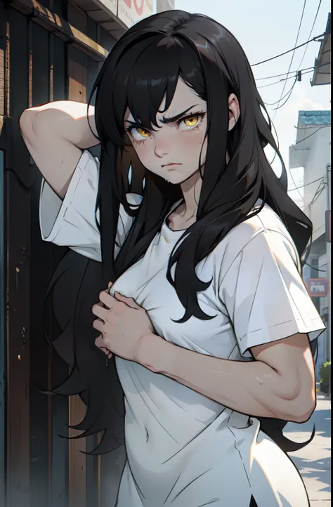 1 girl sad crying angry pale skin very long hair black hair yellow eyes