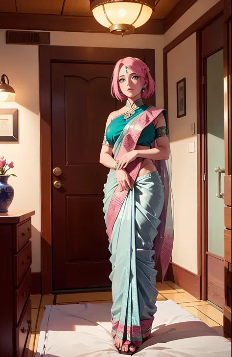 Big tits, ((wearing indian only blue saree)) , ((saree covering full body)), (blue saree)  fullbody, good anatomy, masterpiece, best quality, 4k, 8k, professional photography, soft light, sharp focus, 1 girl, sakura haruno, pink hair, parted banks, detaile...