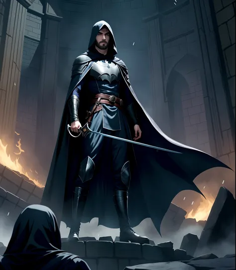 Vampiro bonito com barba, Dhampir bonito com barba, dark cape, dark clothes, pale skin, white skin, assassino, shadow, echo knight, gloomstalker, rpg, rogue, dnd, medieval, epic, segurando uma rapieira, batman in a dark knight costume standing on a stone p...