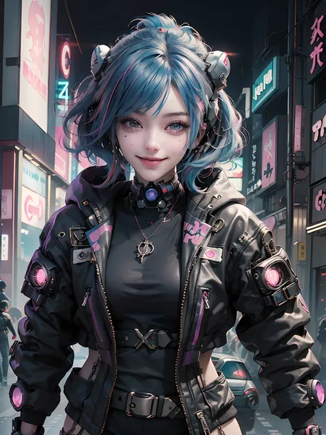 Photograph of a (((Cyberpunk girl))), (((colorful Harajuku design clothing))), multi-color hair, big happy smile.