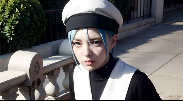 1girl, white headwear, hair between eyes, short hair, red ribbon, turtleneck, zettai ryouiki, blue eyes, blue hair, black dress, school uniform, long sleeves, white beret, extremely beautiful face, exquisite face, beauty