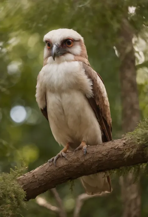 A humanoid bird, At the top of a big tree, The bird-like creature shes tall, tem bigo grande olhos vermelhos