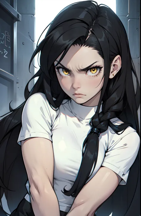 angry 1 girl sad pale skin very long hair black hair yellow eyes