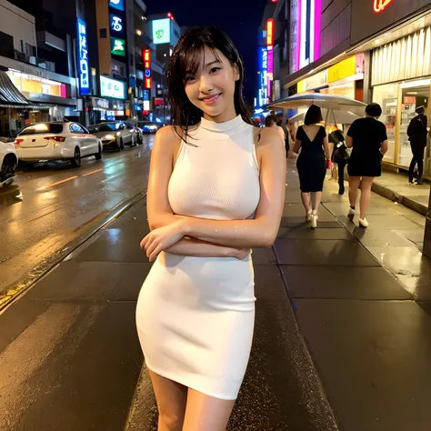 A Japanese Lady, (Solo), 25 years old, (Wet eyes:1.2), Large breasts,, glamor, A sexy, Chromo-white skin, Looking at Viewer、Super large udder、Sleeveless Knit Tight Fit Knit Dress、Muchimuchi、high-heels、ssmile、In the city at night、Prostitutes、legs crossed