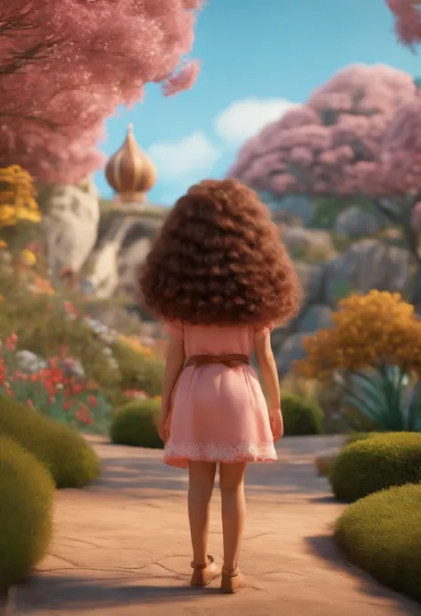 IMAGEM disney  pixar inspired 3D,QUALIDADE 8k 4k  /menina de cabelo crespo cacheado castanho,com olhos castanhos,vestida com roupa da personagem kurumi personagem sanrio.