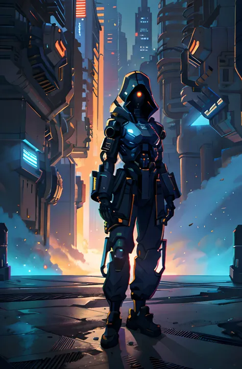 cyber soldier with gun in hand in a futuristic city(Skeleton), (skeleton), (ciborg),cyberpunk art style, cyberpunk pixel art, cyberpunk art style, cyberpunk skeleton, cyberpunk anime art, cyberpunk digital anime art, highly detailed cyberpunk, digital cybe...