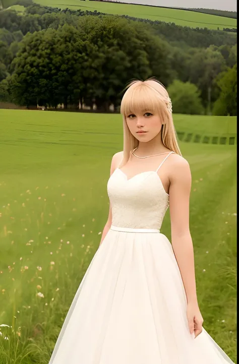 A girl,16 year old,european countryside,blonde,bangs bangs,pretty face,wedding dress,thick muscular arms