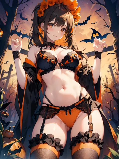 top-quality、Full limbs、complete fingers、One beautiful woman、Beautiful Large Breasts、((Brown-haired woman))、poneyTail、Halloween Party、(((Black and orange bra、Black and orange bloomers)))、Halloween Cosplay、Naughty Poses、Naughty face