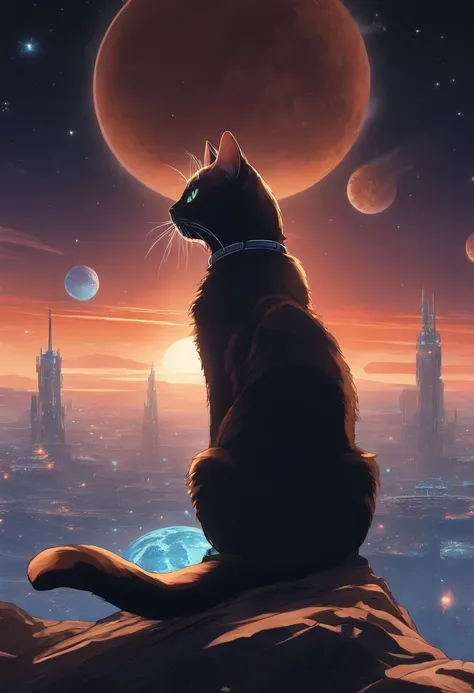 anime cat sitting on the ground looking at the planet, space cowboy, cyber space cowboy, inspired by Josan Gonzalez, makoto shinkai ( apex legends ), akira artstyle, ross tran style, akira vibes, akira art style, floating beside planets, josan gonzales, sc...