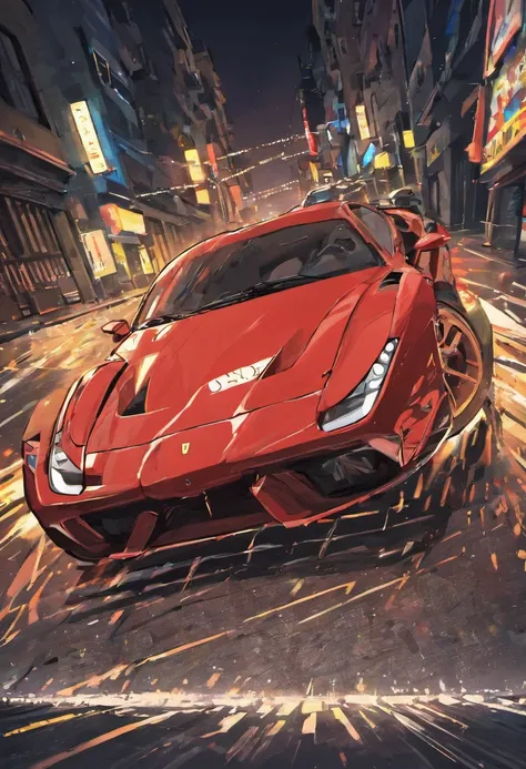 "um Quority(Ferrari 488 GT3 |)Race cars race around the city circuit at night，Um sopro de sangue e velocidade。"