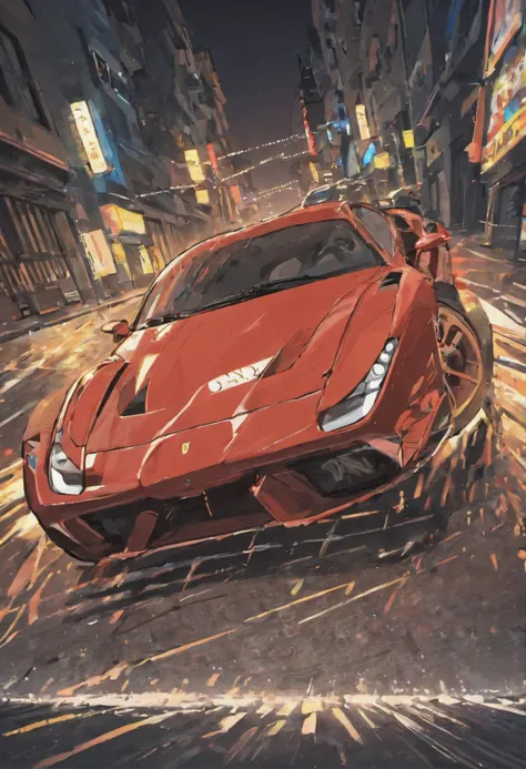 "um Quority(Ferrari 488 GT3 |)Race cars race around the city circuit at night，Um sopro de sangue e velocidade。"