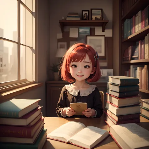 ​masterpiece、top-quality、ultra-detailliert、（Chibi Charas Daughter：1.2）、Chibi Library、Red Bob、Van Goghs flower art dress、（lecture：1.1）、Stack of encyclopedias and books on the table、a smile、sitdown、