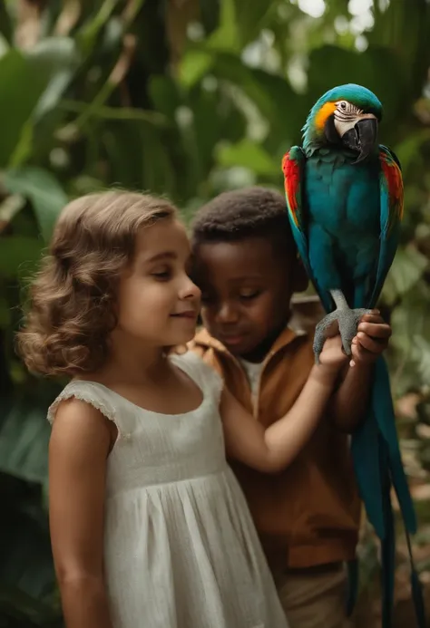 Two beautiful children, meigas, comendo sorvete, sentadas em um banco verde, plantas de fundo, plantas, cachorro, Macaw bird on childs shoulder, roupas infantil, foto estilo desenho, highes definition, alta qualidade (8k, pele lisa, pele brilhante, pele ma...