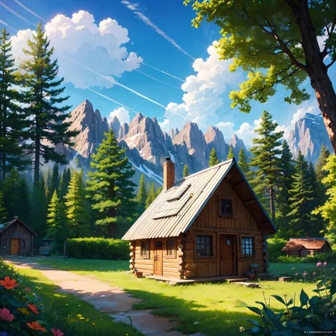 A little wodden cabin on the mountains, inhabited by a family of hamsters, sunny day. Dreamy, surrealistic, highly detailed, pixar style.