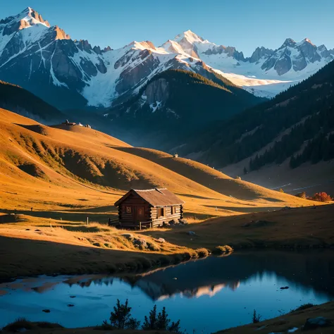 A little wodden cabin on the mountains, inhabited by a family of hamsters, sunny day. Dreamy, surrealistic, highly detailed, pixar style.