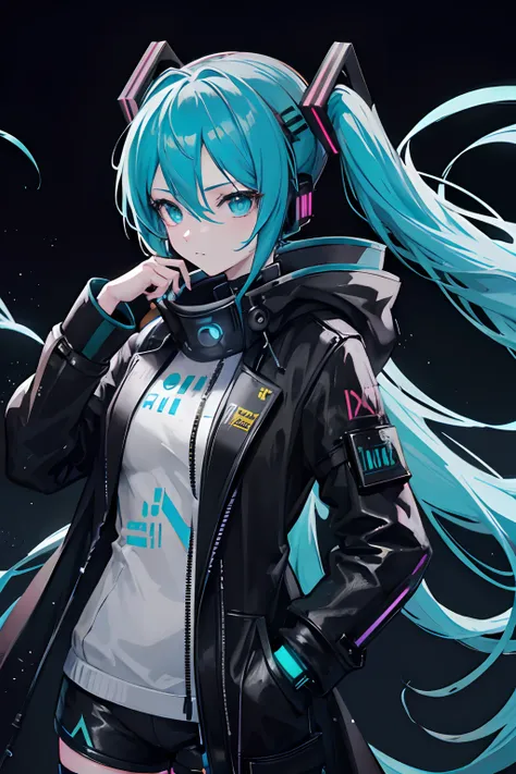 Hatsune Miku hacker, Watch Dogs, Cyberpunk 2077, ((Black Overcoat))