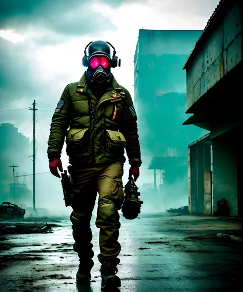 (La mejor calidad,Altas Resoluciones,fotorrealista:1.37),cyberpunk,alto contraste,Personaje urbano,Chernobyl-like atmosphere, Character Portrait with Gas Mask,Detalles de primera calidad,futuristic,Technological,escena nocturna,distopic,Neon lights,Dramati...