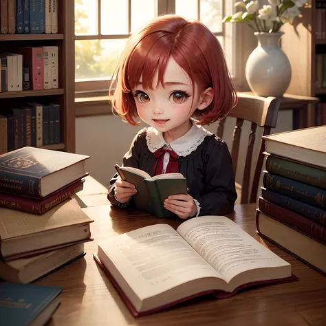 ​masterpiece、top-quality、ultra-detailliert、（Chibi Charas Daughter：1.37）、Chibi Library、Red Bob、Van Goghs Flower Art Dresses、（lecture：1.1）、Encyclopedias and books are piled up on the table、A smile、sitdown、Bright sunlight shining through the window、