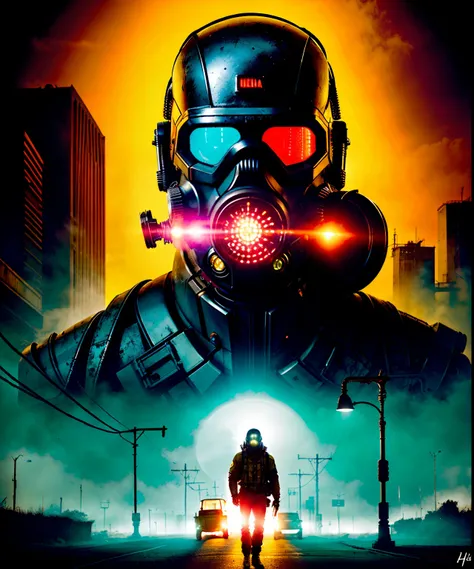 (La mejor calidad,Altas Resoluciones,fotorrealista:1.37),cyberpunk,alto contraste,Personaje urbano,Chernobyl-like atmosphere, Character Portrait with Gas Mask,Detalles de primera calidad,futuristic,Technological,escena nocturna,distopic,Neon lights,Dramati...