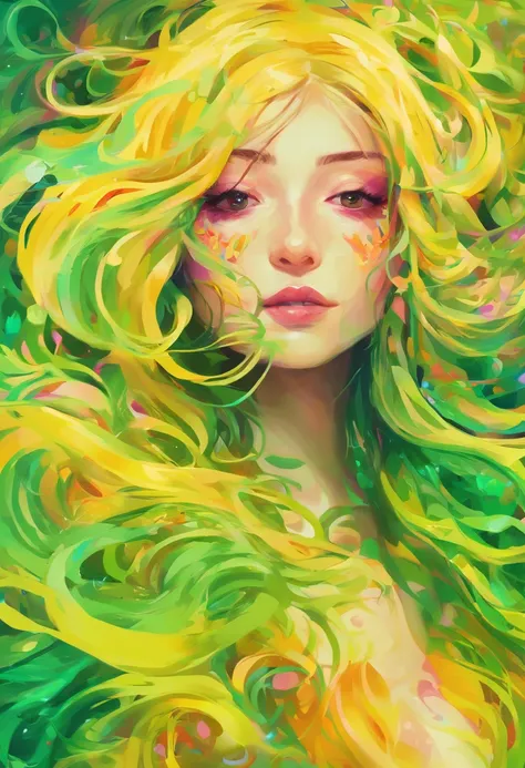 ((top-quality, 8K)), (Realistic), (Face Focus: 1.1), (Yellow and green: 1.3), Kawaii Girl, Hair fluttering in the wind, Facing to the side, (nudde: 1.1)、D Cup Breasts、